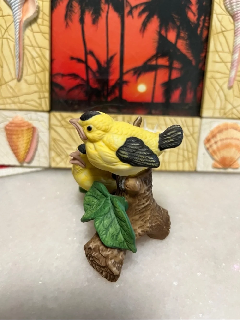 Lefton Yellow and Black Bird Figurine Pair on Branch